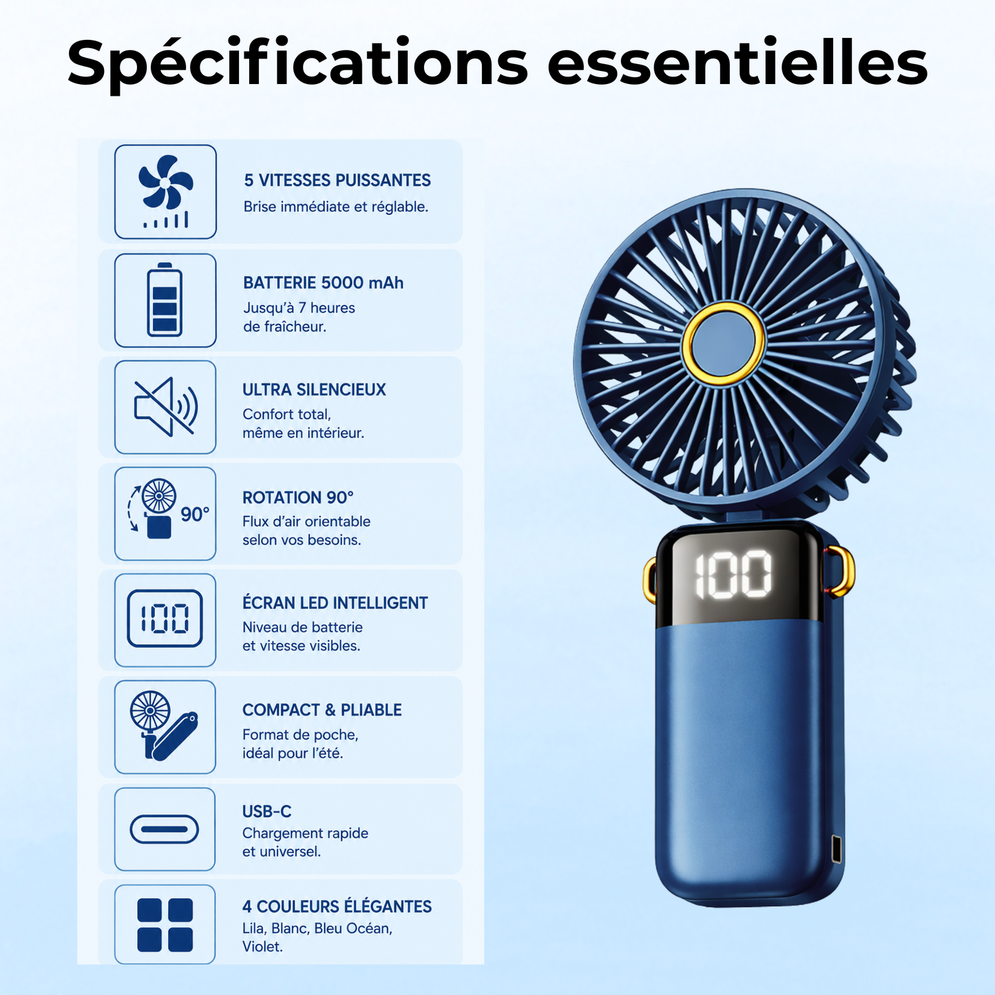Ventilador portátil LED 5000mAh — Mini climatizador plegable 90°