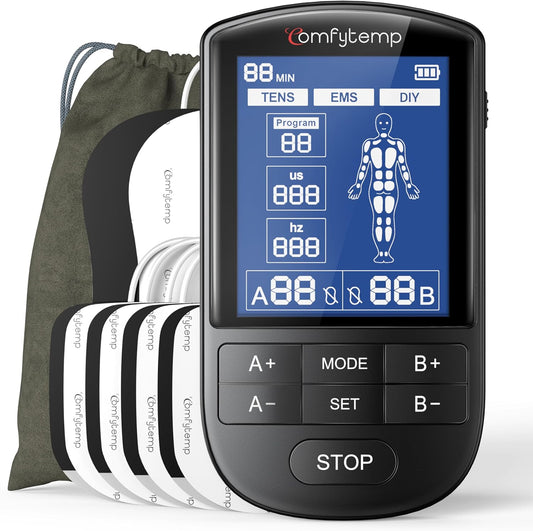 Comfytemp Unidad TENS & EMS – Estimulador Muscular de Doble Canal con 24 Modos + DIY